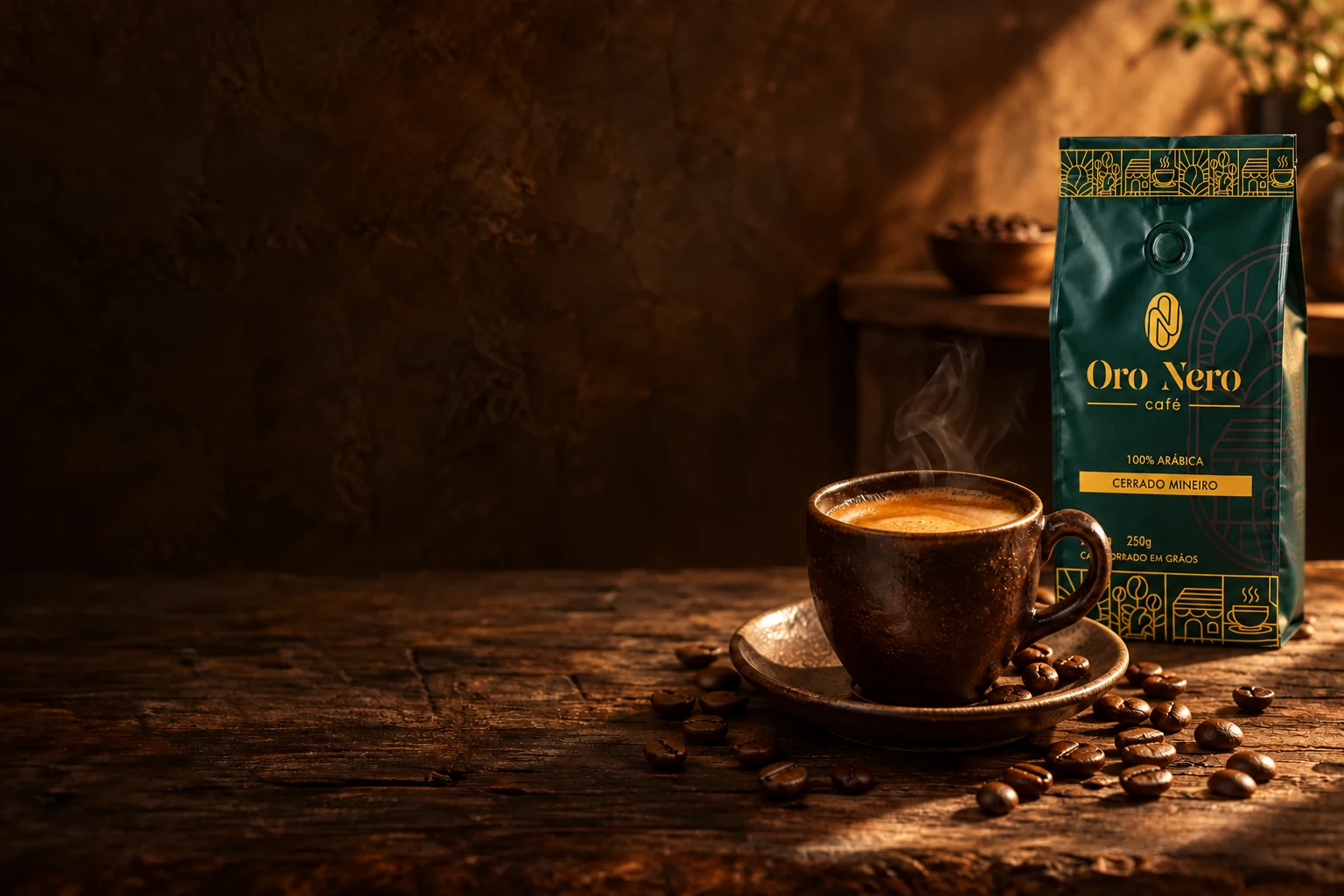 Café Oro Nero e uma xícara de espresso em uma mesa de madeira iluminada pelo sol